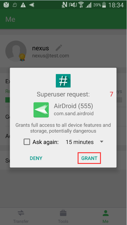 How to grant permission for AirDroid Personal to remote control 